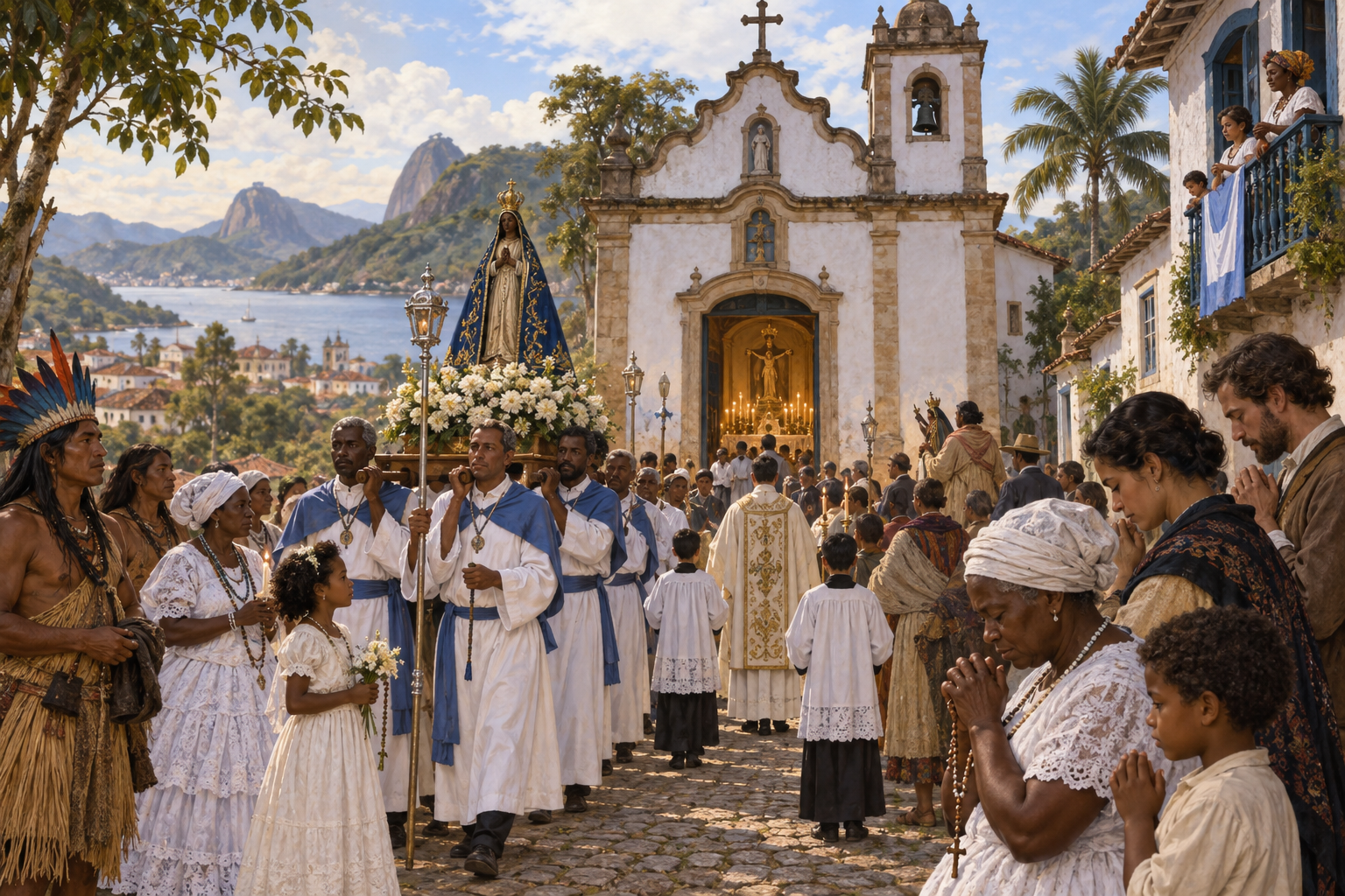 Comunidade católica brasileira em frente a uma capela, com procissão e diversidade cultural
