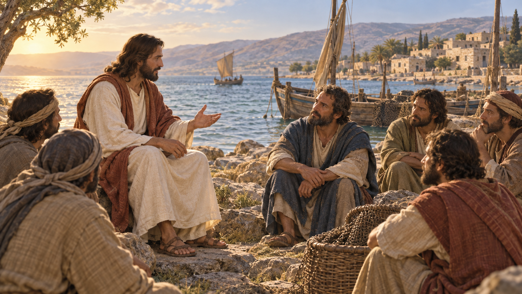 Jesus ensinando Pedro e os discípulos às margens do lago da Galileia