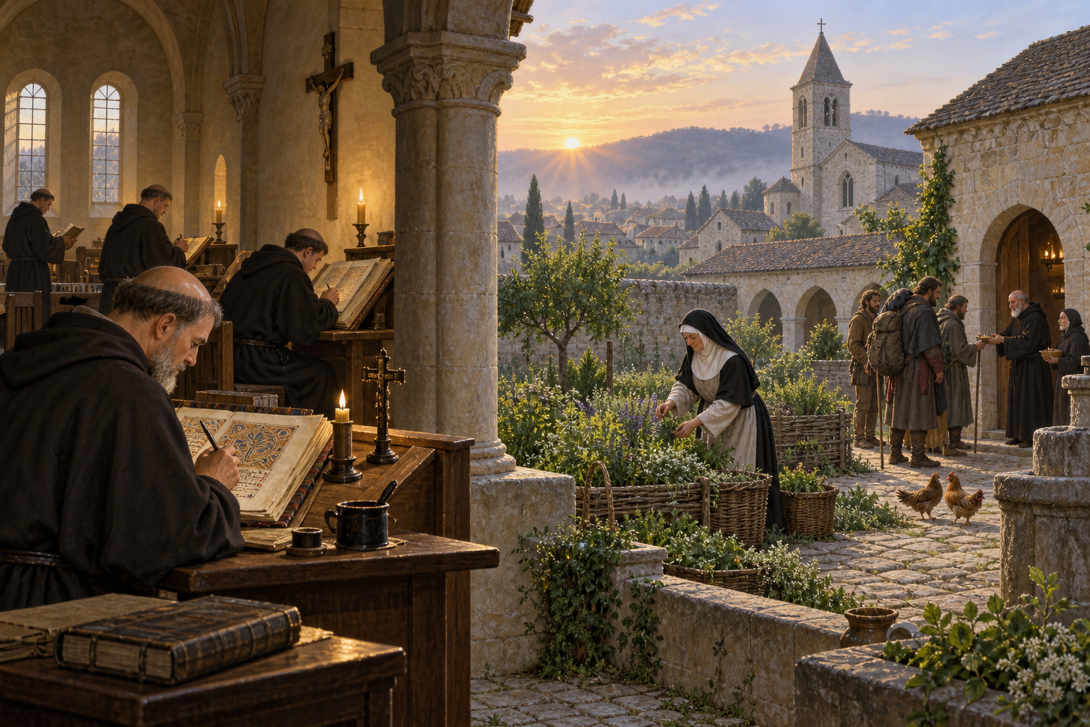 Mosteiro medieval com monges copiando manuscritos e acolhendo viajantes